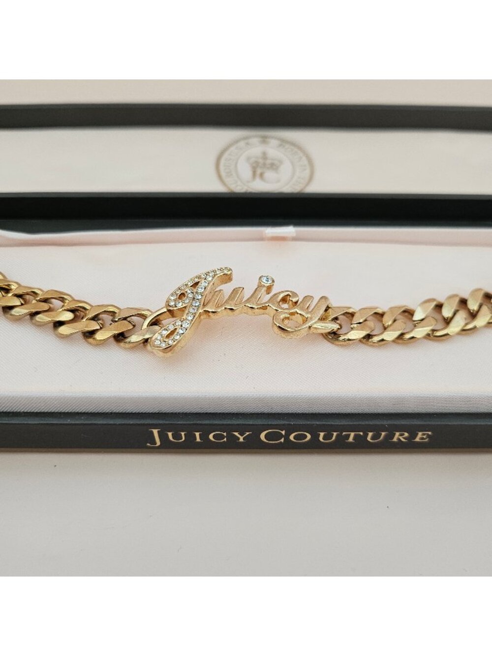 Juicy Couture Gold Tone Chain Bracelet with Crystal Logo Charm w/ Box - Picture 5 of 11